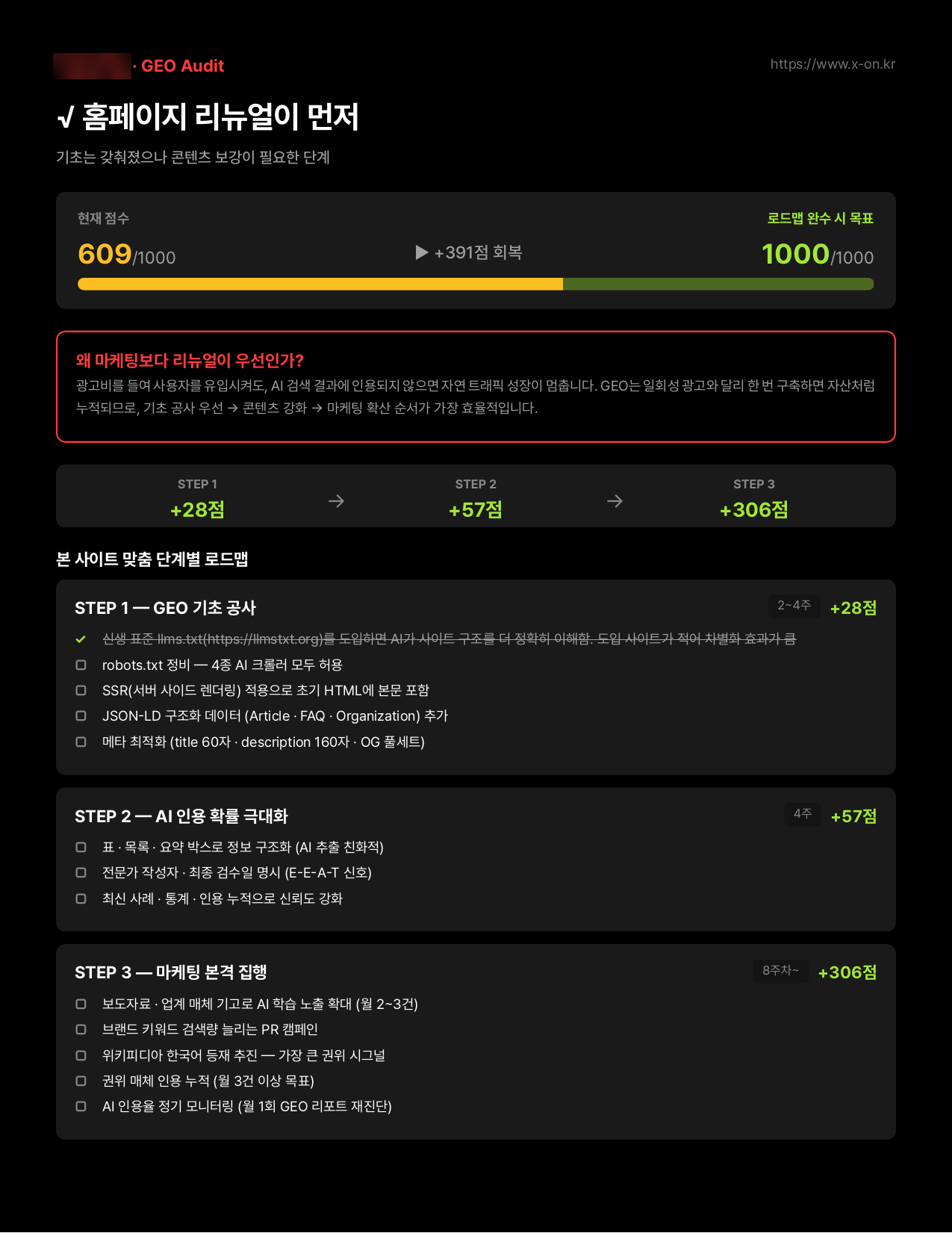 GEO Audit 리포트 샘플 6페이지